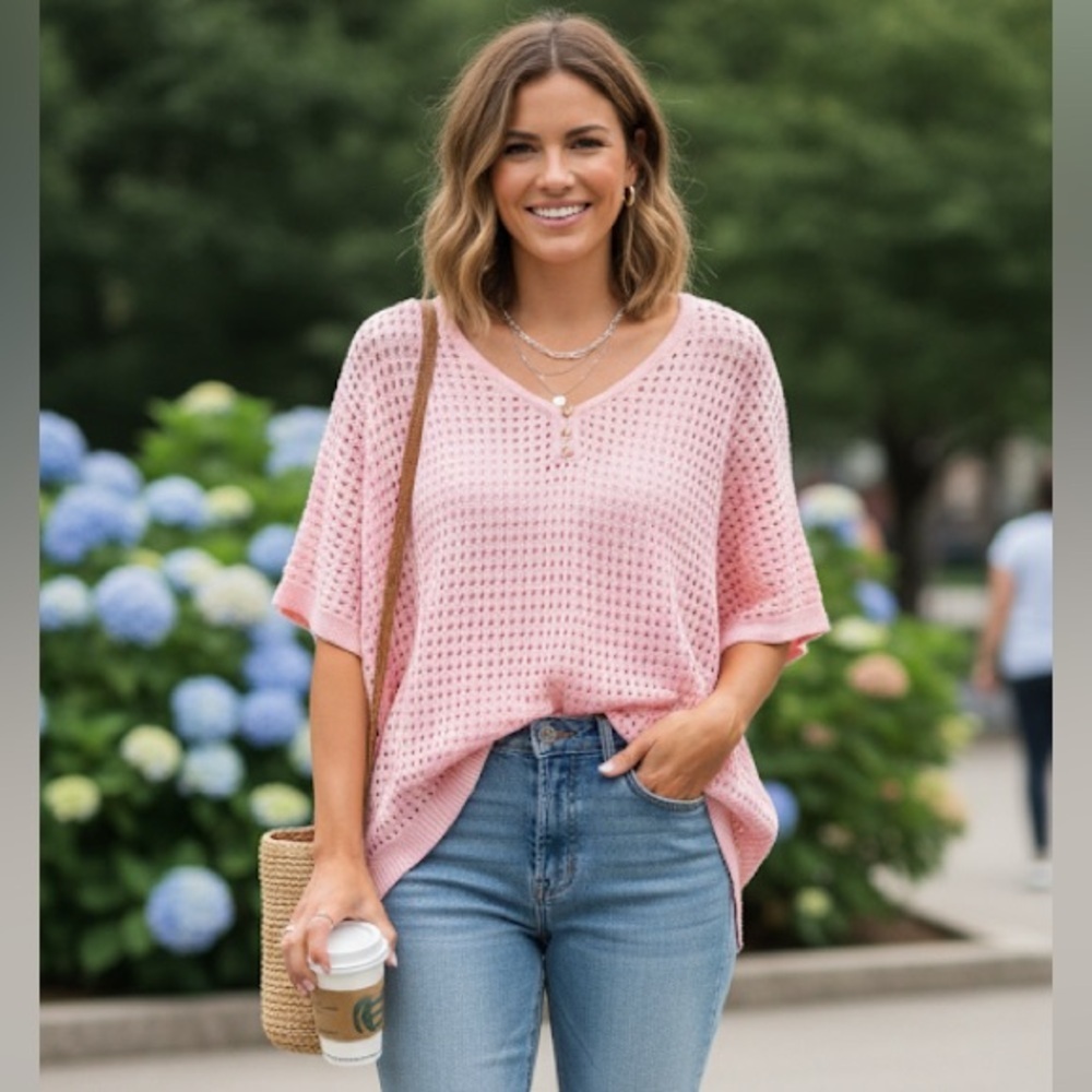 Dokotoo Pink Knit V-Neck Sweater